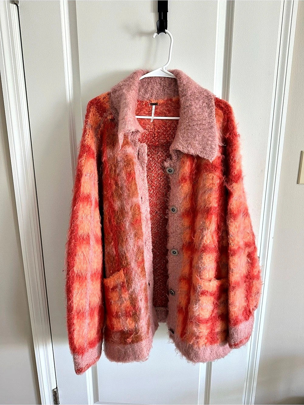 Free People Aldrin Cardi Plaid Teddy Jacket in Red & Pink